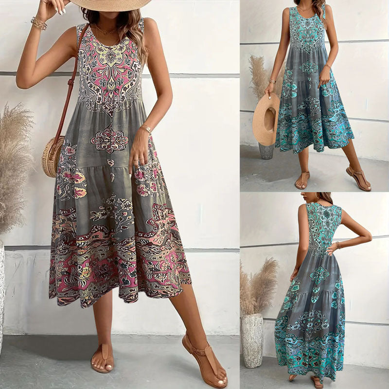 Damen Maxi-Kleid mit verspieltem Ethnomuster und schwingendem Schnitt R&B