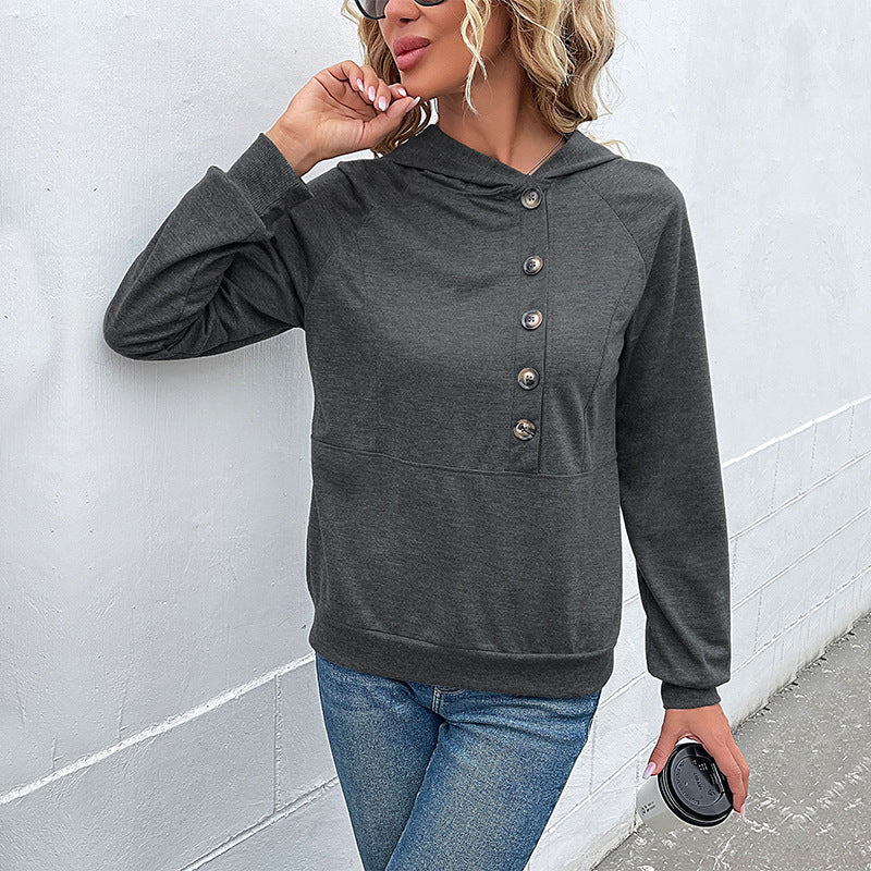 Damen lässiger Kapuzenpullover mit Knopfleiste und Raglanärmeln R&B