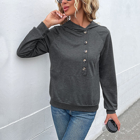 Damen lässiger Kapuzenpullover mit Knopfleiste und Raglanärmeln R&B