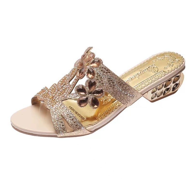 Damen elegante Riemchen-Sandaletten mit funkelnden Steinchen und kunstvollem Blumendesign R&B