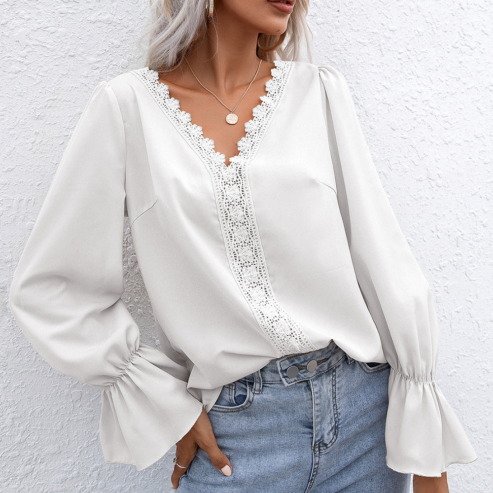 Damen elegante Bluse mit Spitzendetails und Volantärmeln R&B