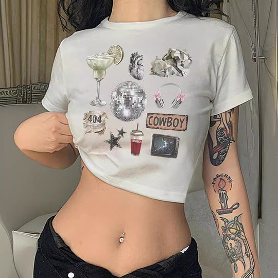Damen Crop-T-Shirt mit inspirierendem Schriftzug und Sternen-Design R&B