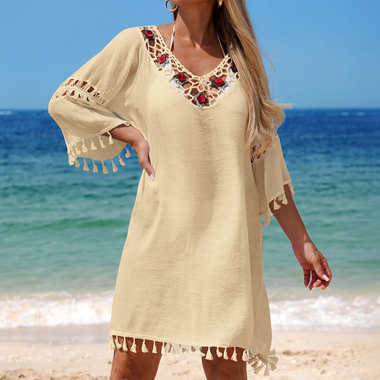 Damen Häkel-Strandkleid mit eleganter Stickerei und Fransen R&B