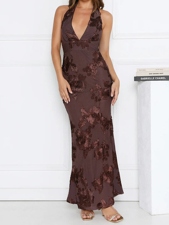 Damen Elegantes Maxikleid mit tiefem V-Ausschnitt und floralen Stickereien R&B