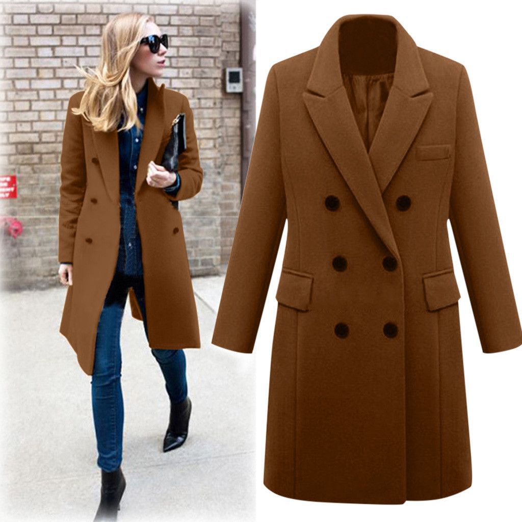 Damen eleganter doppelt-geknöpfter Wollmantel mit Taschen R&B