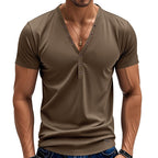 Herren Kurzarm Henley-T-Shirt mit modischem V-Ausschnitt und dekorativen Knöpfen R&B