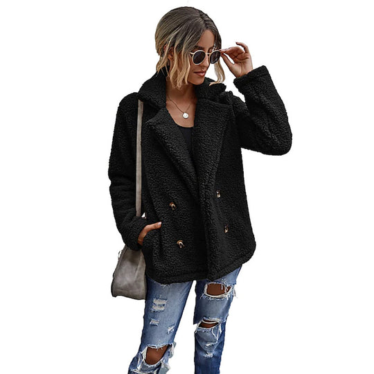 Damen Flauschiger Doppelreiher Blazer aus Kunstfell R&B