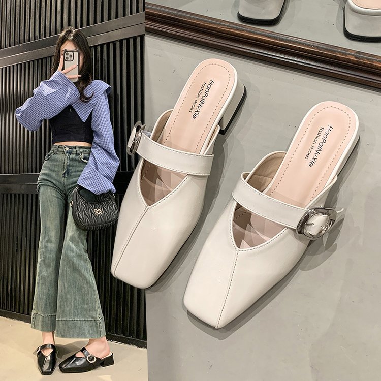 Damen elegante Mules mit quadratischer Zehenpartie und modischen Schnallenakzenten R&B