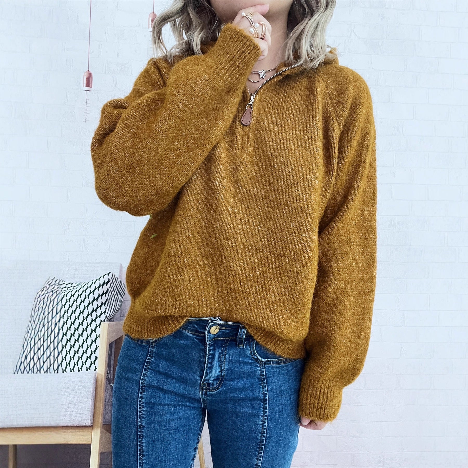 Damen kuscheliger Kapuzenpullover mit Zipper und modernem Rippdesign R&B