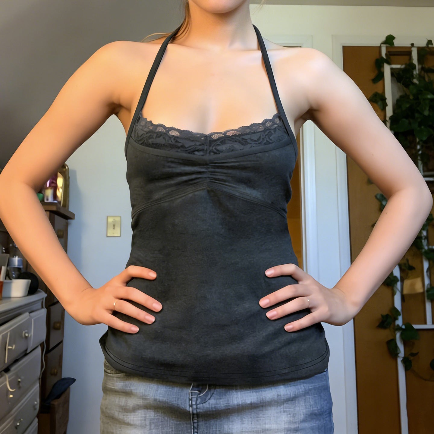 Damen Sexy Spaghetti-Trägertop mit Spitzeneinsätzen R&B