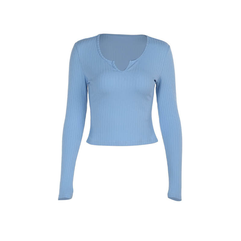 Damen figurbetontes Langarmshirt mit V-Ausschnitt und Rippstruktur R&B