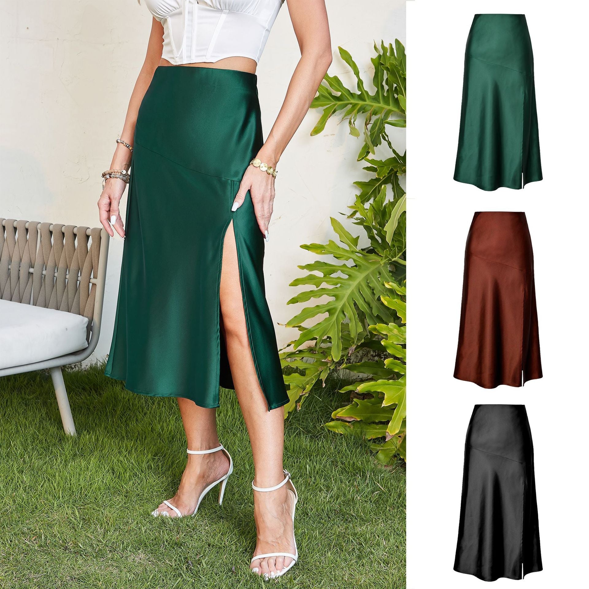 Damen eleganter Midirock aus satinierter Viskose R&B