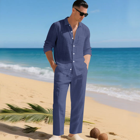Herren leichtes Leinen-Outfit mit stilvollem Hemd und eleganter Hose R&B