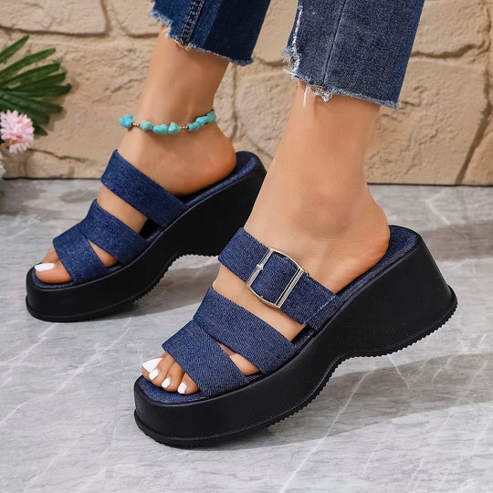 Damen Plateau-Pantoletten mit verstellbarem Riemendesign und modischem Denim-Obermaterial R&B