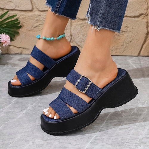 Damen Plateau-Pantoletten mit verstellbarem Riemendesign und modischem Denim-Obermaterial R&B