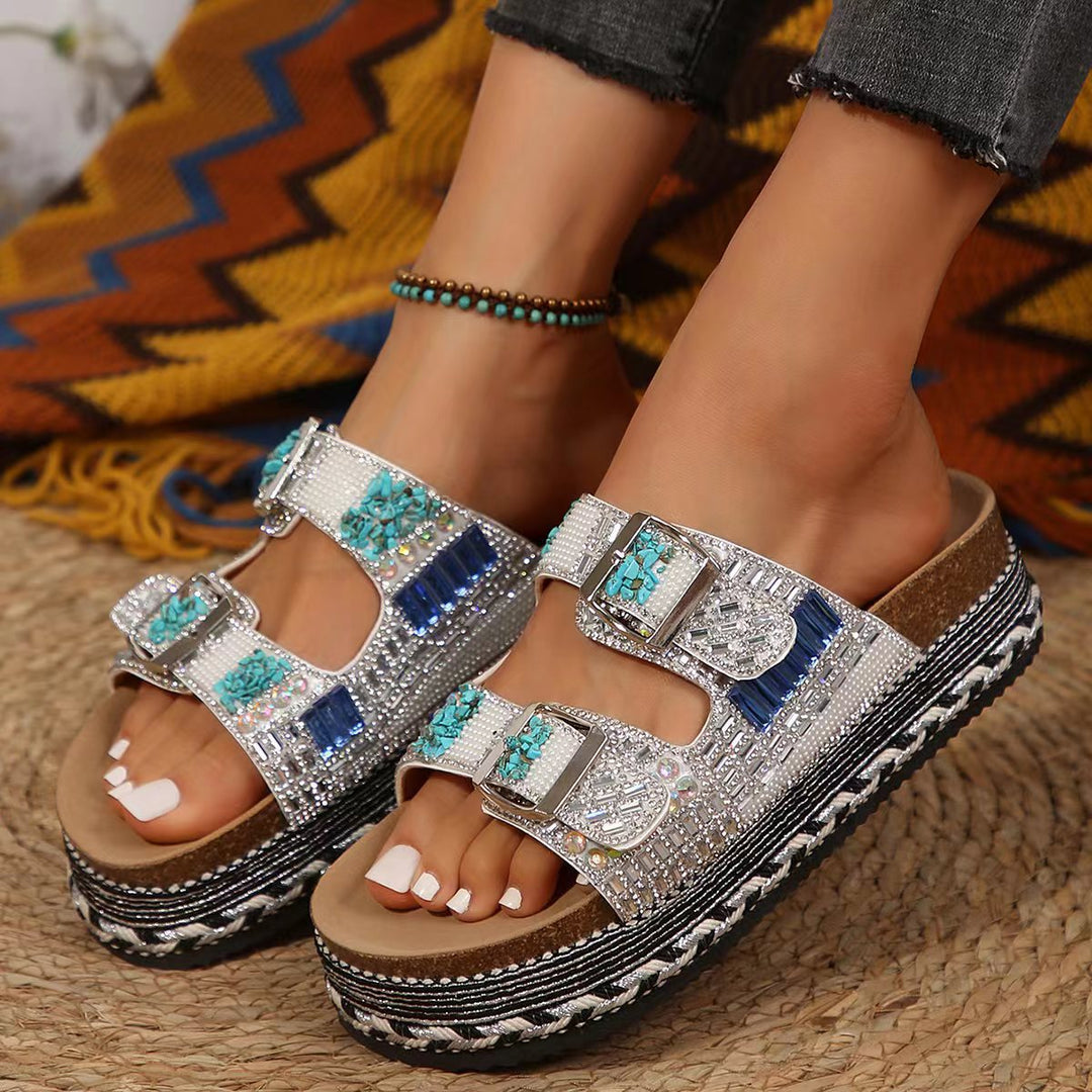 Damen bequeme Sandalen mit dekorativen Steinen und breiten Riemen R&B