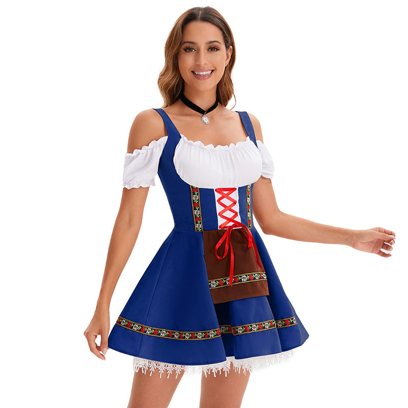 Damen nan kurzes Trachtenkleid im Dirndlstil mit Schnürung, schulterfreiem Carmen-Ausschnitt und Zierschürze R&B