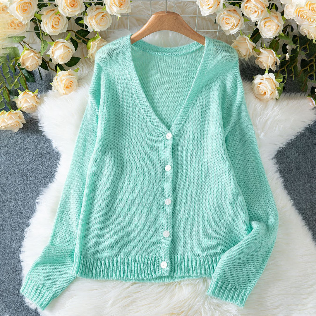 Damen gemütliche Strickjacke mit V-Ausschnitt und lässigen Puffärmeln R&B