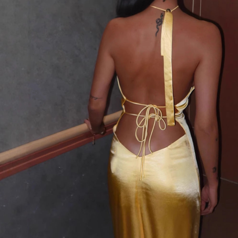 Damen V-ausschnitt Maxikleid mit schmalen Trägern und seitlichem Schlitz R&B