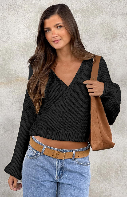Damen kuscheliger Strickpullover mit modernem Wickeldesign R&B
