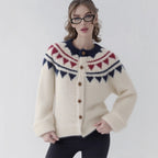 Damen kuscheliger Strickcardigan mit grafischem Norweger-Muster und Holzknopfdetails R&B