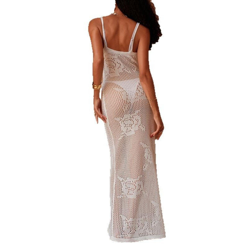 Damen Häkel-Maxi-Kleid mit transparentem Design und floralem Muster R&B