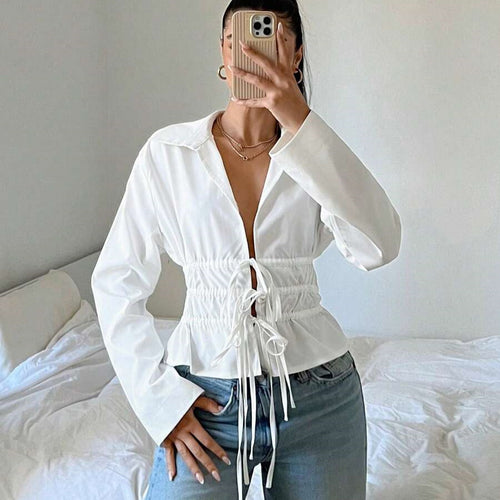 Damen zip-up Bluse mit Raffung und langen Ärmeln R&B