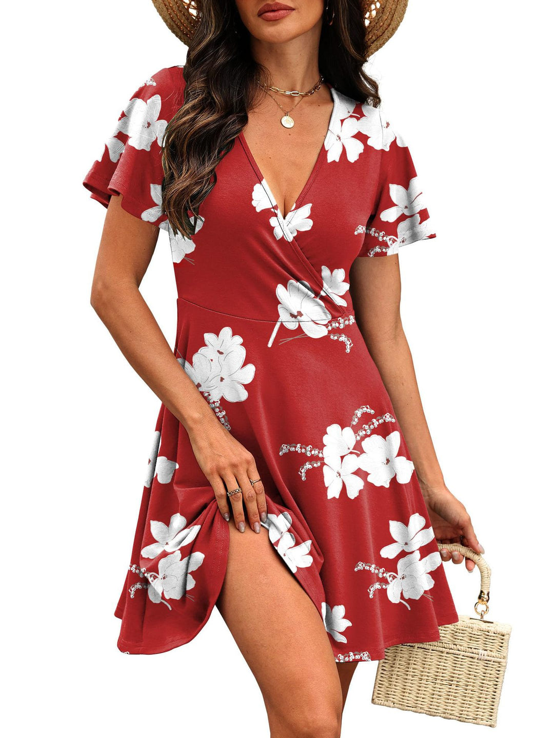 Damen Kurzärmeliges Wickelkleid mit floralen Mustern und V-Ausschnitt R&B