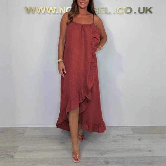 Damen Langarm Maxikleid mit asymmetrischem Saum und Rüsche R&B