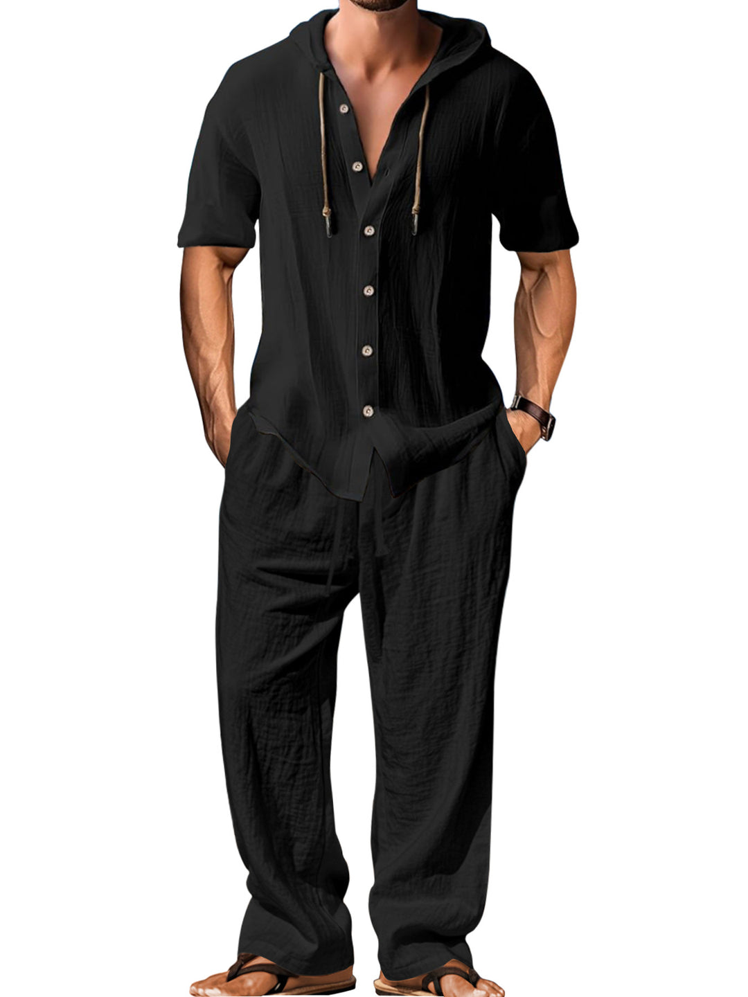 Herren nan luftiges Leinen-Lounge-Set mit kurzärmeligem Kapuzenhemd und gerader Relaxhose R&B