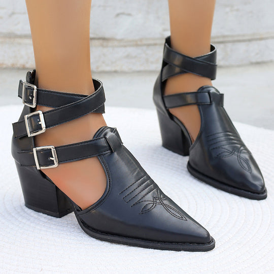 Damen High Heel Stiefeletten mit einzigartigen Riemen und verziertem Absatz R&B