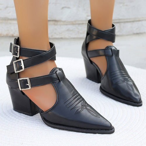 Damen High Heel Stiefeletten mit einzigartigen Riemen und verziertem Absatz R&B