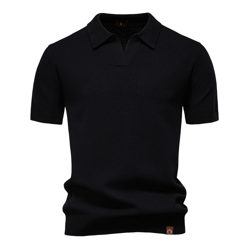 Herren nan strukturiertes Feinstrickpoloshirt mit offenem Reverskragen R&B