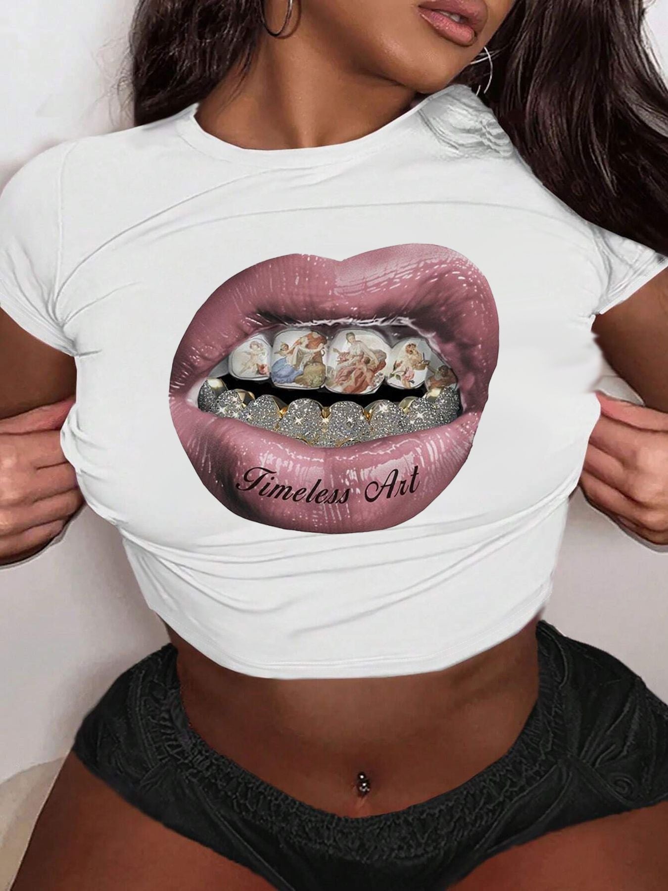 Damen Crop-T-Shirt mit künstlerischem Lippenmotiv und kreativem Druck R&B
