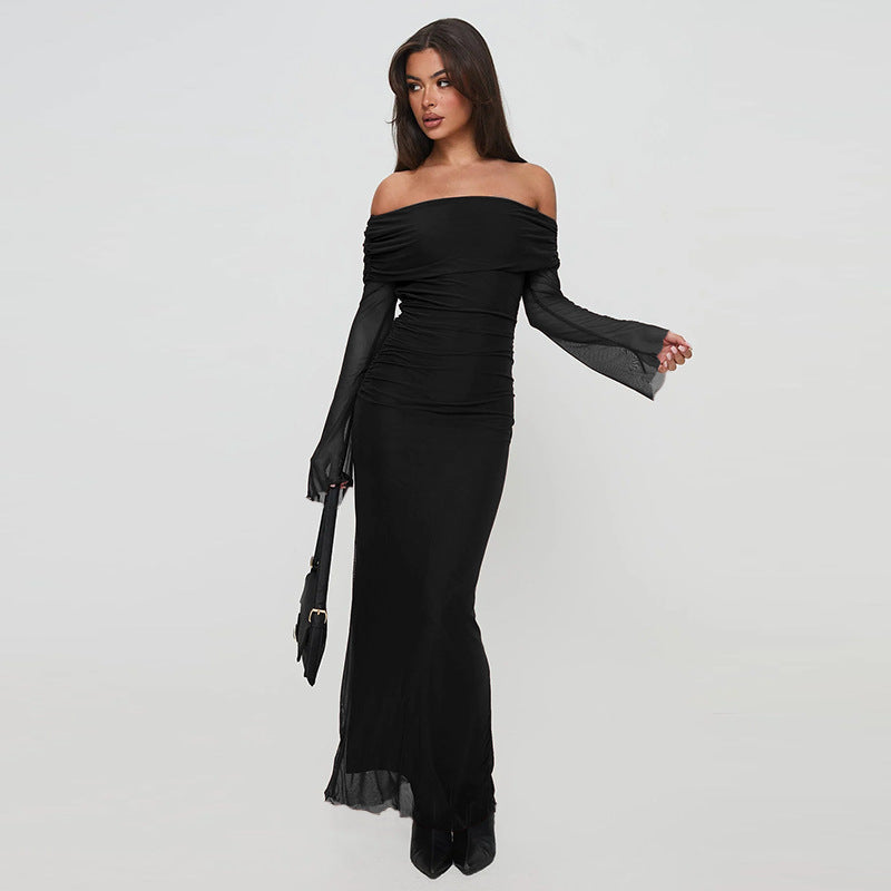 Damen figurbetontes Maxikleid mit schulterfreiem Design und Rüschendetails R&B