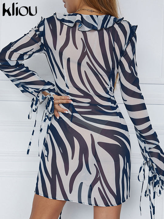 Damen transparentes Strandkleid mit Rüschendetails und bindbaren Ärmeln R&B