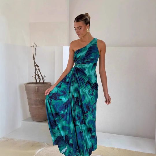 Damen Maxikleid mit asymmetrischem Schnitt und fließendem Faltenrock R&B