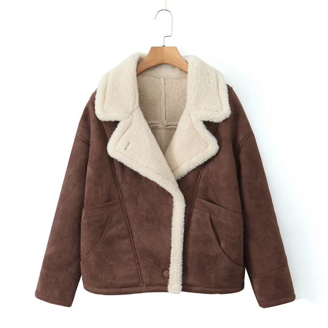 Damen kuschelige Wildlederjacke mit weichem Futter und breitem Kragen R&B
