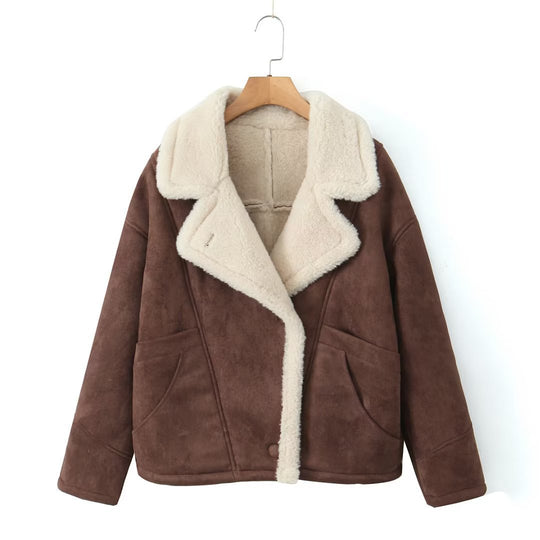 Damen kuschelige Wildlederjacke mit weichem Futter und breitem Kragen R&B