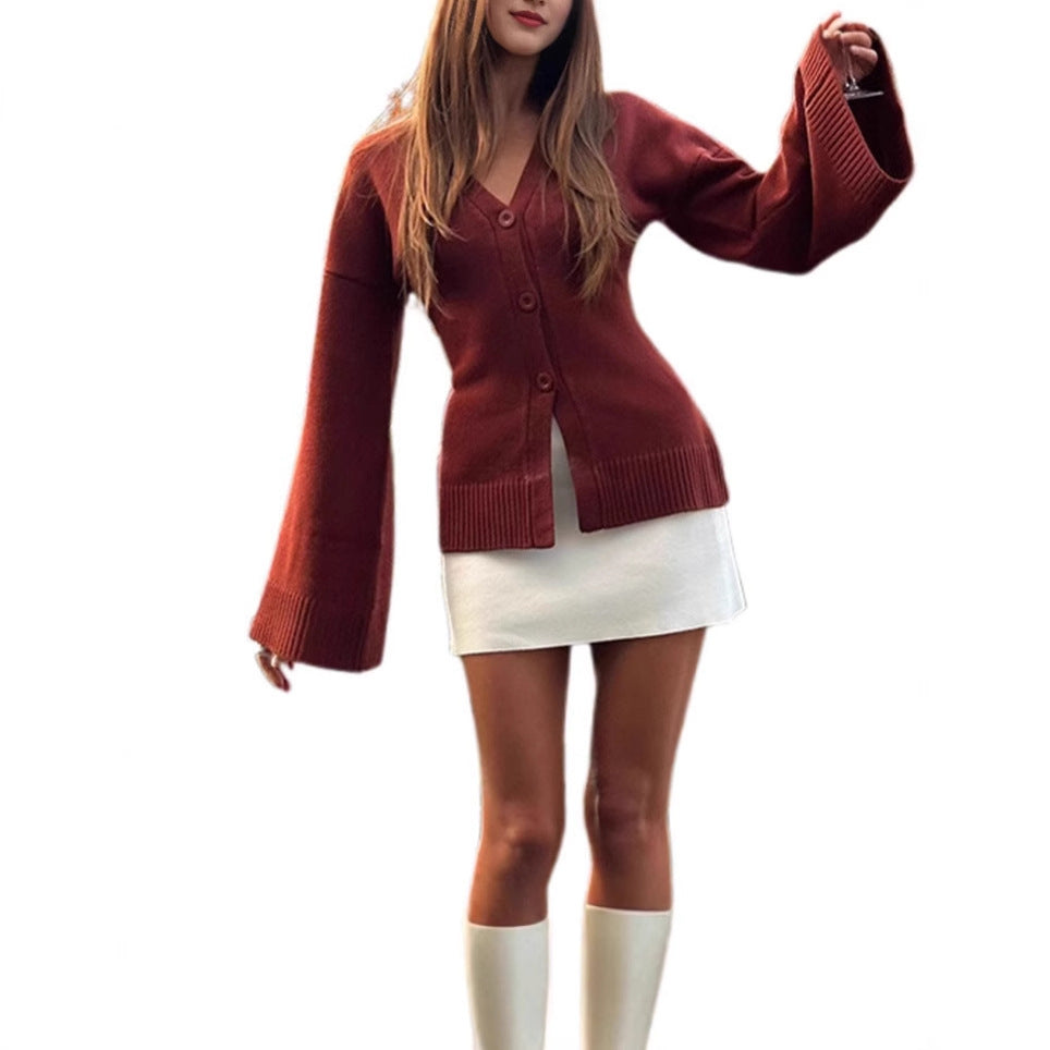 Damen Übergangsstrickjacke mit weiten Ärmeln und Knopfverschluss R&B
