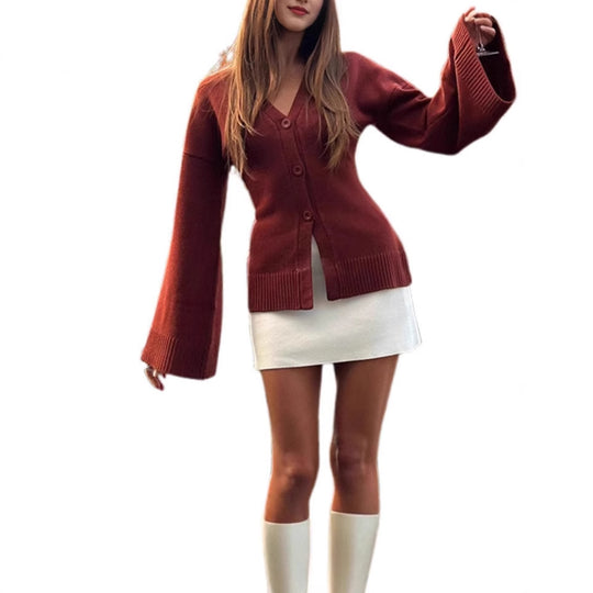 Damen Übergangsstrickjacke mit weiten Ärmeln und Knopfverschluss R&B