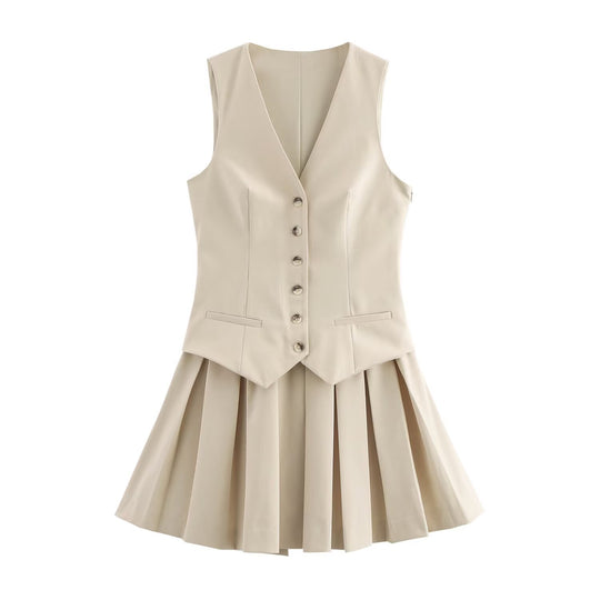 Damen Plissee-Kleid mit tailliertem Oberteil und Knopfleiste R&B