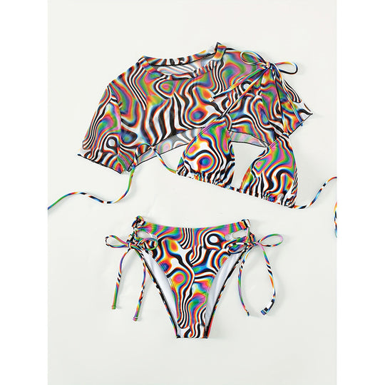 Damen Bikini-Set mit halbtransparentem Oberteil und verspielten Schnürdetails R&B