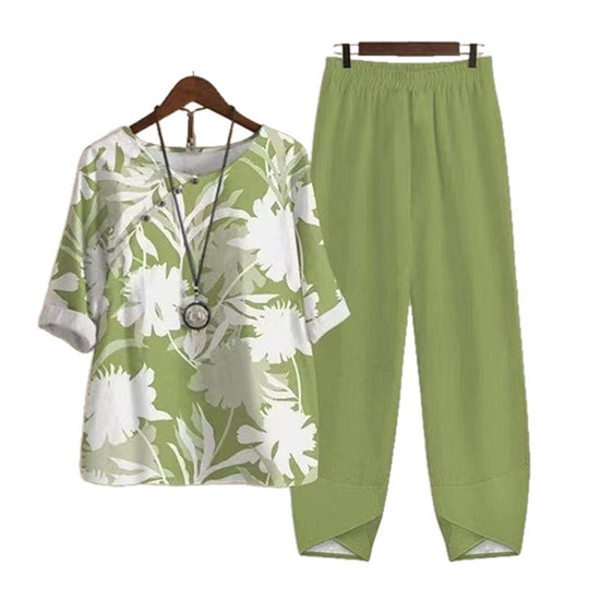 Damen nan luftiges Tunika-Zweiteiler mit botanischem Blattprint, legerer V-Ausschnitt-Bluse und elastischer Komforthose R&B