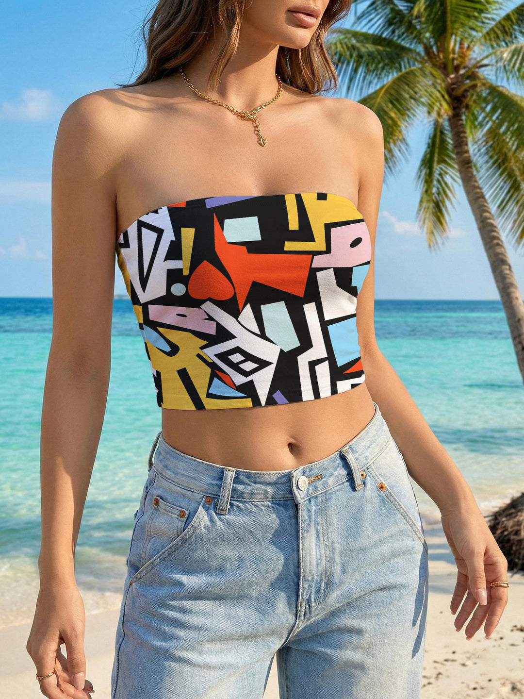 Damen Bandeau-Top mit kreativem Marmor-Design R&B