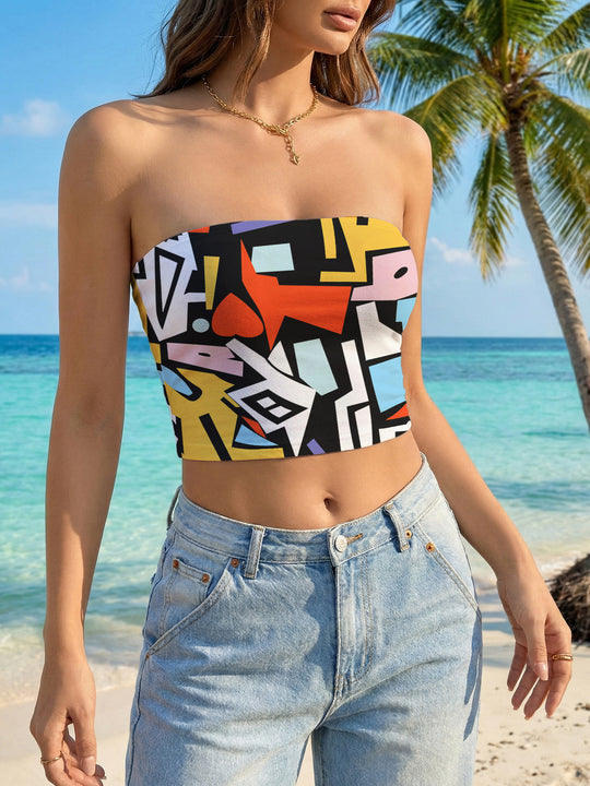 Damen Bandeau-Top mit kreativem Marmor-Design R&B