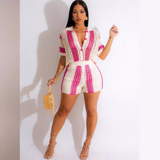 Damen luftiges Strick-Set mit trendy Häkelmuster R&B