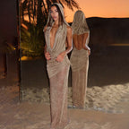 Damen Elegantes Maxikleid mit tiefem Pracht-Ausschnitt und durchscheinendem Stoff R&B
