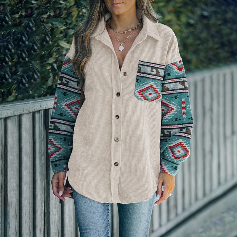 Damen Cord-Oberhemd mit farbenfrohen, bedruckten Ärmeln und Brusttasche R&B