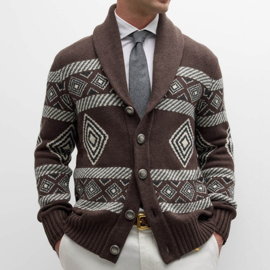 Herren Strickjacke mit modernem grafischen Muster und klassischem Kragen R&B